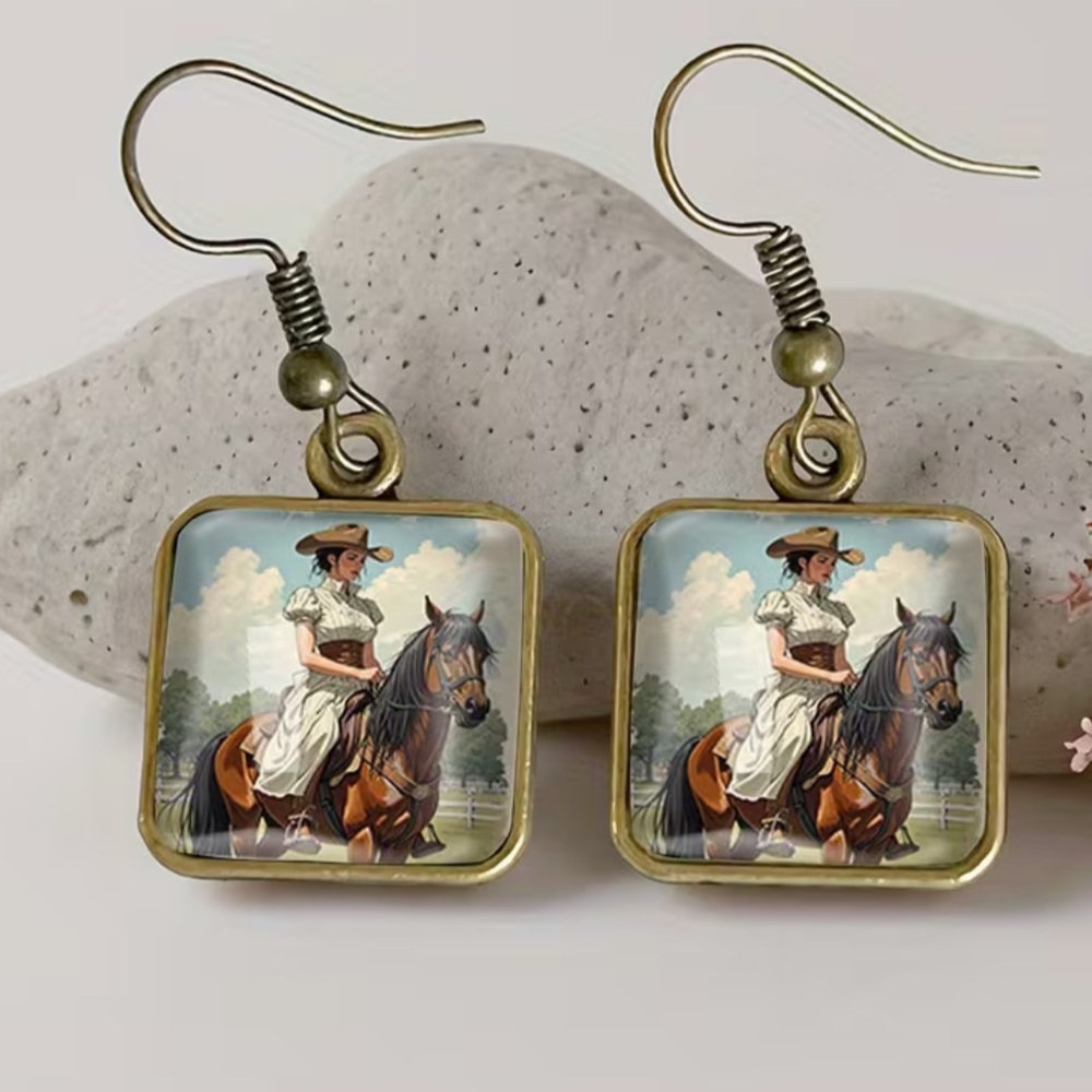 Soon NEW ! 9/18 Vintage-Inspired Horse Rider Square Drop Earrings in Gold